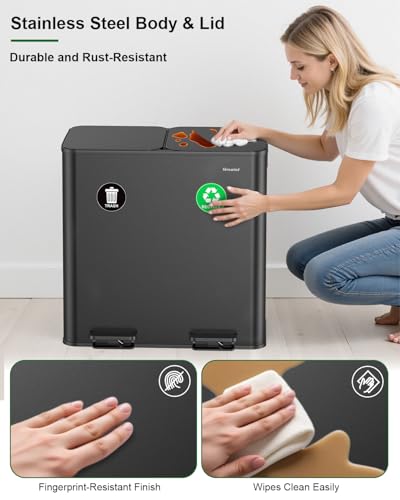 Lovewind 2×11.5 Gallon Dual Trash Can, Stainless Steel Dual Garbage and Recycling Can with Foot Pedal, 90° Stay-Open Lid, Pet-Proof Design – Large Dual Compartment Trash Recycling Bins Kitchen, Black - color: Black, size: 23 Gallon