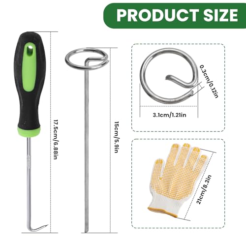 100 Pcs Landscape Fabric Pins with Pick Hook and Gloves, 8 Gauge 6 Inch Galvanized Garden Stakes, Circle Top Landscape Staples, Weed Barrier Stake for Plant Cover, Tent, Weed Barrier Fabric