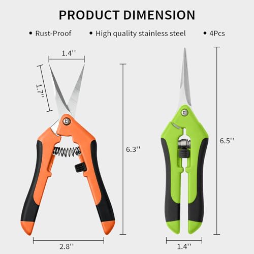 4 Pack Garden Pruning Shears, Stainless Steel Shears, Gardening Shears Scissors Pruning Shears for Gardening Tools (2pcs Green+2pcs Orange) - color: Green Red Yellow Orange