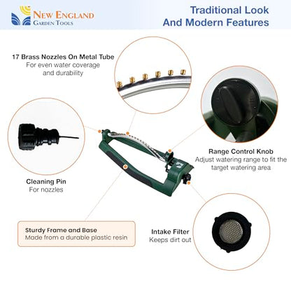 Oscillating Sprinkler 100006, Adjustable Pattern to Cover Up to 2,695 Square Feet, 17 Brass Nozzles on Metal Tube for Even Lawn Watering, by New England Garden Tools