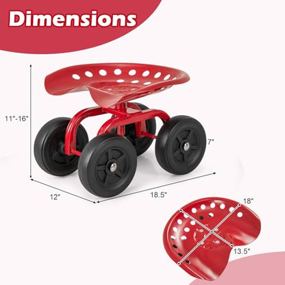 ERGOMASTER Garden Seat with Wheels, Adjustable Height & 360° Swivel, Iron Frame, Red - color: Red