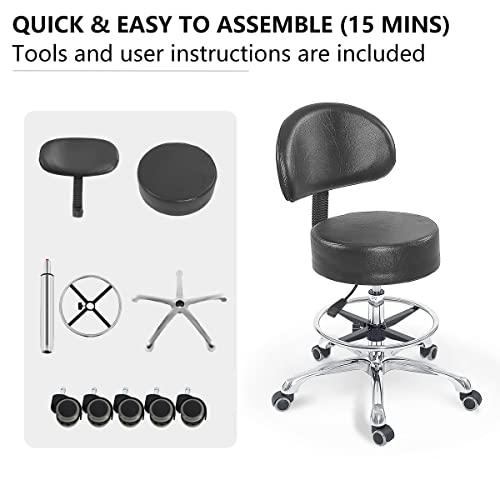 Grace&Grace Height Adjustable Swivel Rolling Stool with Back Extra Thick Seat for Ultimate Comfort for Salon, Studio, Shop, Kitchen (Black,with Foot Rest) - style: Classic with Back