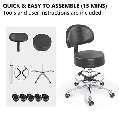 Grace&Grace Height Adjustable Swivel Rolling Stool with Back Extra Thick Seat for Ultimate Comfort for Salon, Studio, Shop, Kitchen (Black,with Foot Rest) - style: Classic with Back