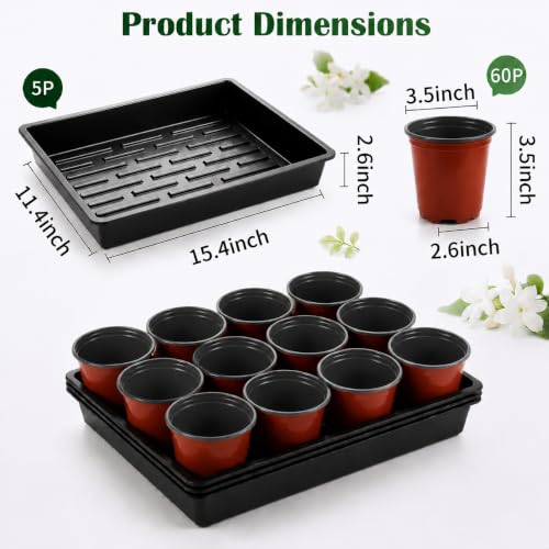 60pcs 3.5 inch Plastic Nursery Pots and 5 Pack Seedling Tray - size: Lightweight Trays+Red Round Pots-5P