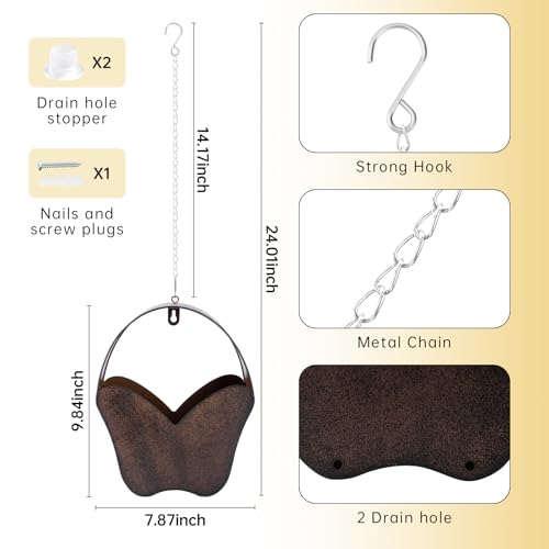 Rustic Metal Butterfly Hanging Planter, 2‑in‑1 Wall Mount & Hanging Flower Pot with Chain, Hooks & Drainage Holes, Indoor Outdoor Home Garden Decor, Gift for Mom Garden Lovers Birthday Housewarming