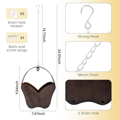 Rustic Metal Butterfly Hanging Planter, 2‑in‑1 Wall Mount & Hanging Flower Pot with Chain, Hooks & Drainage Holes, Indoor Outdoor Home Garden Decor, Gift for Mom Garden Lovers Birthday Housewarming