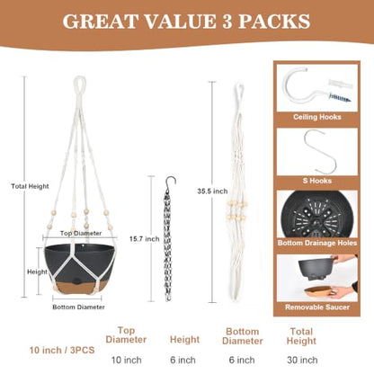 3 Pack Hanging Planters Set, 10inch Self-Watering Hanging Plant Pot, Macrame Plant Hanger with Pot, Chains, S & Ceiling Hooks, Removable Saucer and Drainage Holes for Indoor, Outdoor Plants - Black - color: Black