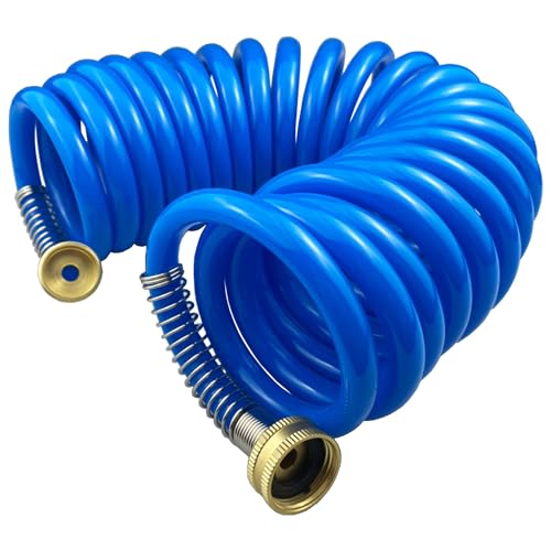 Darnassus Heavy-duty PU Coil Hose, Self-Coiling Garden Hose with Solid Brass Fittings, Retractable, Corrosion Resistant, for Household (20 FT, Blue) - color: Blue, size: 20 FT