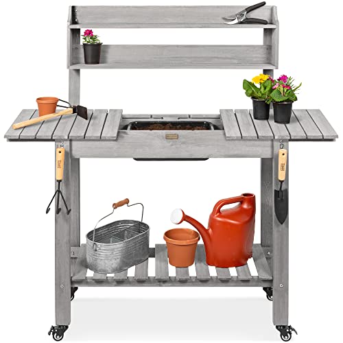 Best Choice Products Mobile Garden Potting Bench, Outdoor Wood Workstation Table w/Sliding Tabletop, 4 Locking Wheels, Food Grade Dry Sink, Storage Shelves - Gray - color: Gray
