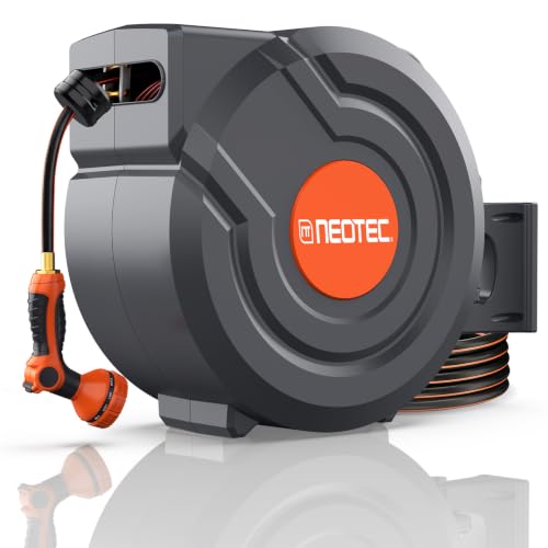 90FT Retractable Garden Hose Reel 5/8 Inch, Heavy Duty Wall Mounted Hose Reel with 9-Pattern Nozzle, Automatic Slow Return & Any-Length Lock, 180° Swivel UV Resistant for Lawn & Car Wash - size: 5/8inch 90ft