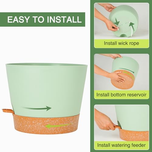 SwinDuck 12inch Large Self Watering Plant Pot, Plastic Cylinder Planter with 60Oz Deep Reservoir and Saucer for Indoor Outdoor Plants Flowers Houseplants, Green with Brown - color: Green With Brown