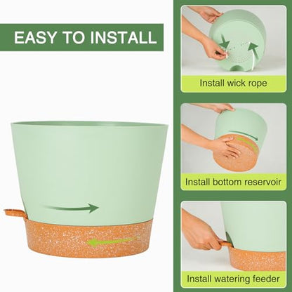 SwinDuck 12inch Large Self Watering Plant Pot, Plastic Cylinder Planter with 60Oz Deep Reservoir and Saucer for Indoor Outdoor Plants Flowers Houseplants, Green with Brown - color: Green With Brown