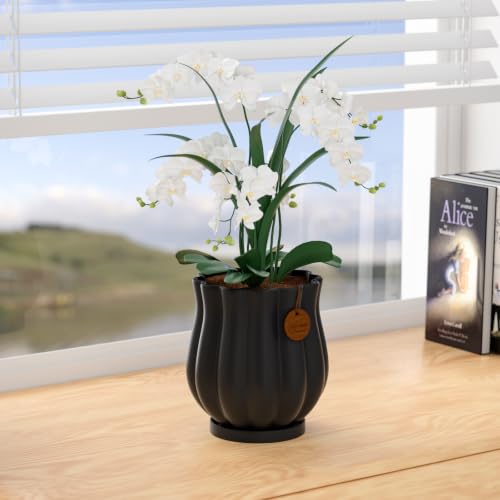 7.1" Matte Black Ceramic Plant Pot with Saucer - color: Matte Black, size: Large