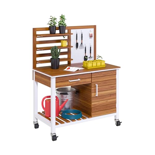 Seville Classics Home 48" Outdoor Garden Potting Bench Table – Heavy Duty Workstation, w/Cabinet, Drawer & Open Shelf, Acacia Wood & Steel Frame, White, 48" W x 25" D - color: White
