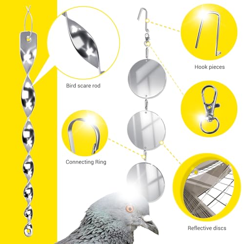 Factee Bird Scare Devices, 3.9 Inch Large 18PCS Reflective Discs Set + 6PCS Bird Scare Rods, Double-Sided Bird Reflectors Keep All Birds Away Woodpeckers Pigeons from Your House Garden Boat - color: Transparent