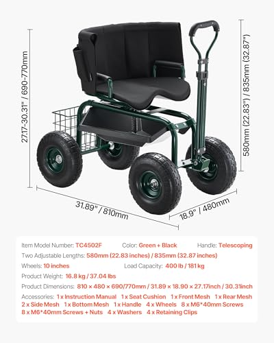 VEVOR Garden Seat with Wheels, Rolling Garden Stool with Height Adjustable & 360° Swivel Seat, 400lbs Weight Capacity, Gardening Cart Bench, Ergonomic Backrest & Tool Storage, for Yard, Patio - color: Dark Green