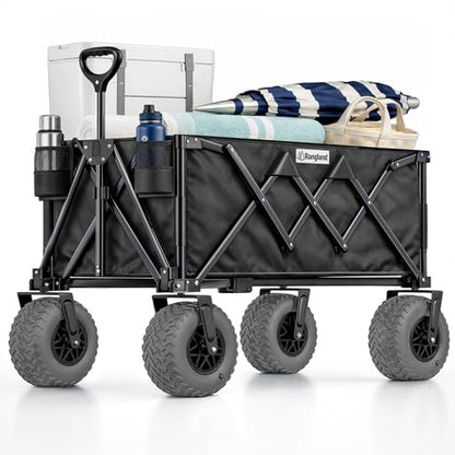 Beach Wagon with Heavy-Duty 10" Air Tires - All Terrain Folding Cart with Big Wheels for Sand and Gravel - 300 LB. Capacity (Black) - color: Black