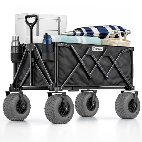 Beach Wagon with Heavy-Duty 10" Air Tires - All Terrain Folding Cart with Big Wheels for Sand and Gravel - 300 LB. Capacity (Black) - color: Black