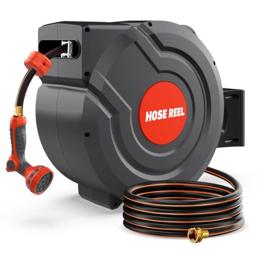 130 FT 1/2 Inch Retractable Garden Hose Reel 180° Swivel Automatic Slow Return Any Length Lock Hose Reels for Outside 9 Pattern Sprayer Nozzle UV Resistant - size: 130ft 1/2 Inch