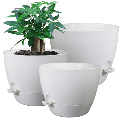 UOUZ Large Self Watering Pots, 12/10/9 Plastic Planters with High Drainage Holes and Deep Reservoir for Indoor Outdoor Garden Plants and Flowers, White - color: White