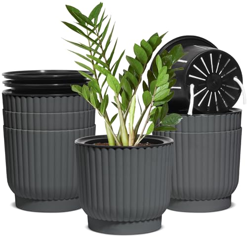 T4U Self Watering Pots for Indoor Plants, 6 Inch 6 Pack Planter Gray - color: Gray, size: 6 Inch