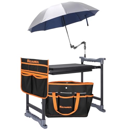 Garden Kneeler and Seat with Umbrella,Heavy Duty Gardening Bench and Stool - color: Black & Orange