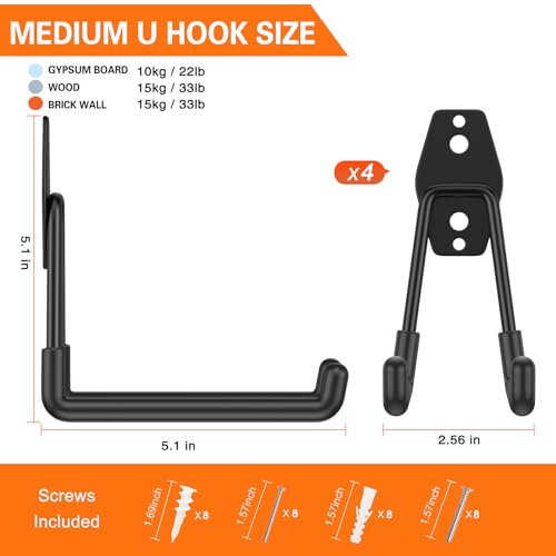 HUPBIPY Garage Hooks Heavy Duty 4 Pack, Wall Mount Ladder Hooks - color: Black Medium U Hook