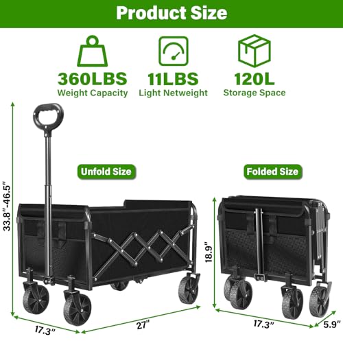 Collapsible Wagon Cart, Folding Cart with 360LBS Capacity, Black - color: Black