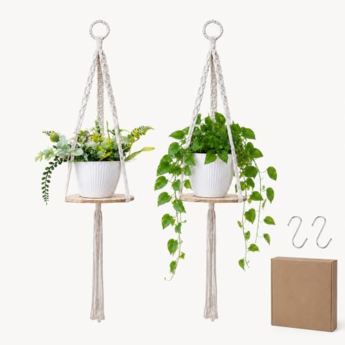 Macrame Hanging Planter with Shelf, Boho Plant Hanger for Indoor Window - color: Beige