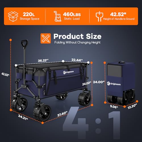 Originsure 220L Foldable Beach Wagon Cart with Big Wheels, 460lbs, Purple - color: Grey&purple
