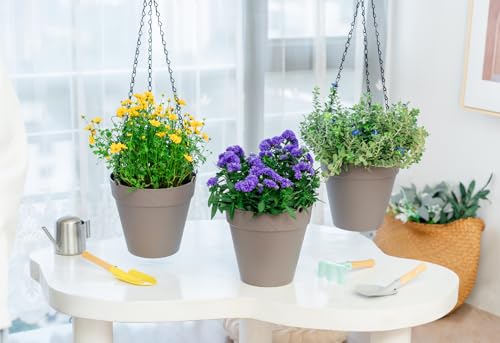 Melphoe Hanging Planter for Indoor Plants Self Watering, 8 Inch 3 Pack Plant Holder Hanging Flower Pots Outdoor Basket with Perforated Insert and Drainage Holes (Grey)