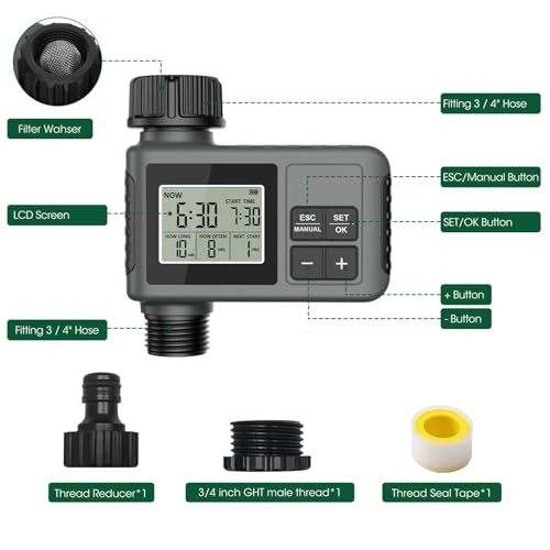 Water Timer for Garden Hose, Programmable Water Sprinkler Timer with Rain Delay, Manual Automatic Lawn Watering System Irrigation Controller, 3/4in Male Thread