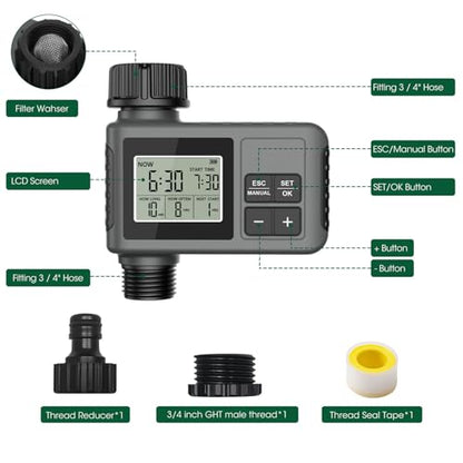 Water Timer for Garden Hose, Programmable Water Sprinkler Timer with Rain Delay, Manual Automatic Lawn Watering System Irrigation Controller, 3/4in Male Thread