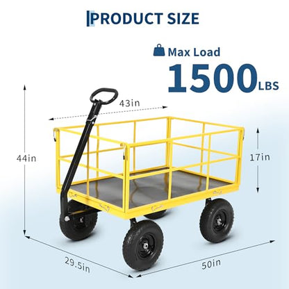 1500 Lbs Heavy Duty Garden Utility Wagon Cart, 3-in-1 Steel Yard Trailer with Removable Mesh Sides, 13" All-Terrain Tires, 180° Swivel Handle for Garden, Farm & Lawn - color: Yellow