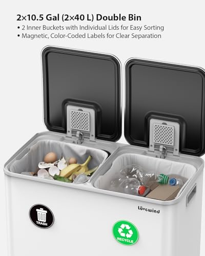 Lovewind Trash Can, 2 x 10.5 Gallon (2 x 40 L) Garbage Can for Kitchen Dual Compartment Recycling Kitchen Step Trash Bin, Stainless Steel Trash and Recycle Bin Combo with Soft-Close Lid, White - color: White