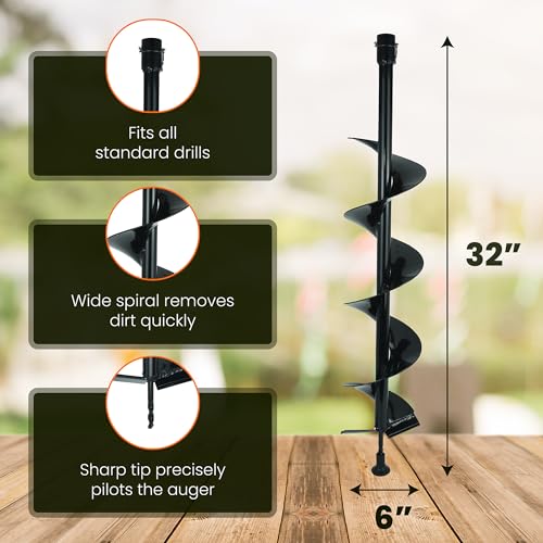 Earth Auger - 6" Wide x 32" Deep - Electric Post Hole Digger - Handles - Hole Digger for Fence Posts - style: 6" X 32"