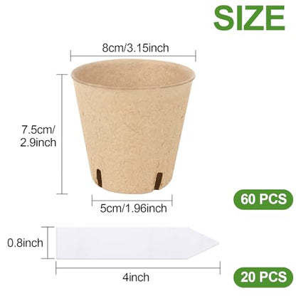 Peat Pots,60 Pcs 3.15 Inch Seed Starting Pots with Drainage Holes Round Nursery Plants Pots with Bonus 20 Plant Labels (3.15 Inch) - size: 3.15 Inch