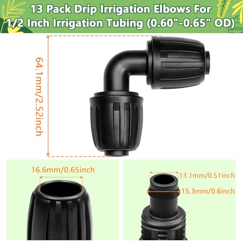 1/2 Inch Drip Irrigation Elbow Fittings, 13 Pack Anti-Drop Lock Nut Barbed Elbow Connectors for 1/2 Inch Drip Tubing (1/2" ID x 0.65" OD) Reusable Irrigation Parts for Garden Drip System - size: 1/2" Lock Nut Elbow