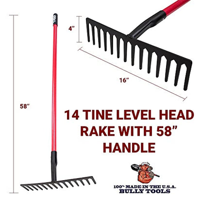 Bully Tools 14-Tine Level Head Rake | 60" Fiberglass Long Handle 16" Wide Head Garden Rake Heavy Duty Metal Tool for Soil Leveling, Spreading Mulch Gravel and Thatch | 100% Made in USA