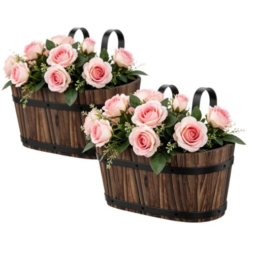 2-Pack Wooden Railing Planters, 13.2 inch Hanging Flower Pots with Detachable Hooks for Balcony, Fence, Deck, Garden, Country Home Decor -Carbonized - color: Carbonized-2pcs, size: Large