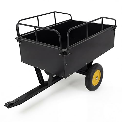 ATV UTV Dump Cart Trailer, 750 LBS Heavy Duty Steel Tow Behind Utility Trailer, 15 Cu. Ft Capacity Garden Cart with Removable Tailgate & Raised Side Rails, for Lawn Tractor, Riding Mower, Black
