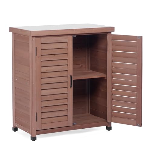 Outdoor Storage Cabinet with Metal Tabletop, Cedar Wood Garden Workstation - color: Royal Brown, size: 31x17x36
