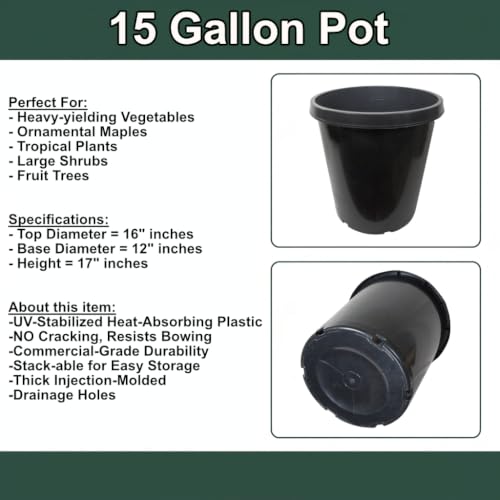 Green Oasis 15 Gallon Nursery Pots (5-Pack) - Premium Injection Molded Black Plastic Plant Pots, Heavy Duty Commercial Grade with Drainage Holes - Perfect for Large Trees, Shrubs & Vegetables