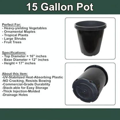 Green Oasis 15 Gallon Nursery Pots (5-Pack) - Premium Injection Molded Black Plastic Plant Pots, Heavy Duty Commercial Grade with Drainage Holes - Perfect for Large Trees, Shrubs & Vegetables