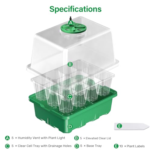 Bonviee Seed Starter Trays with 12-LED Grow Lights, Green, 5 Pack - color: Green, size: 5 Packs