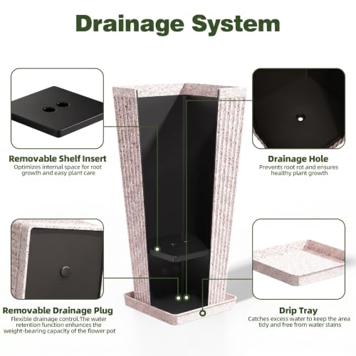 Square Tall Planters for Outdoor Plants with Tray - Stone Finishes - color: White Red Speckled-stone Finishes