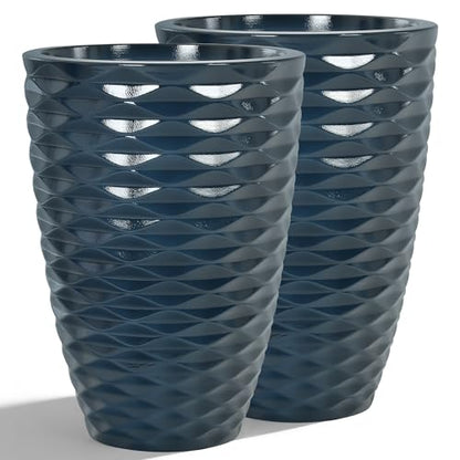 19" Wavy Ceramic-Look Outdoor Planters for Plants Set of 2 Tall Pots - color: 19"h-navy Blue Wavy
