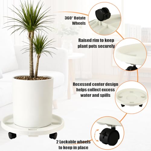5-pack 11.8" Large Plant Caddy with Wheels Plastic Plant Dolly with Locking Caster Flower Pot Mover Rollers Wheeled Rolling Plant Stands Round Plant Saucer on Wheels Indoor Outdoor Base Coasters White - color: White, size: 11.8"/ 5 packs