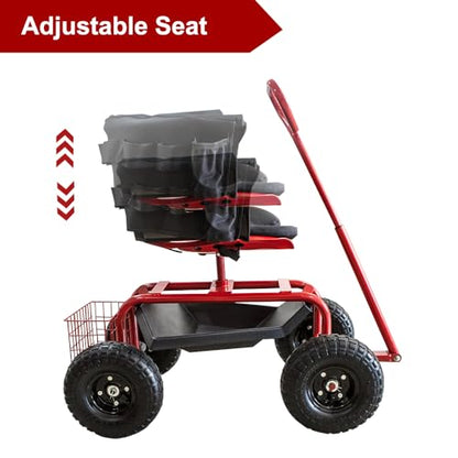 THUNDERBAY Garden Cart Rolling Workseat with Wheels, 360 Degree Swivel Seat, Wagon Scooter with Steering Handle & Utility Tool Tray for Planting, with Storage Basket and Tool Pouch, Red - color: Red