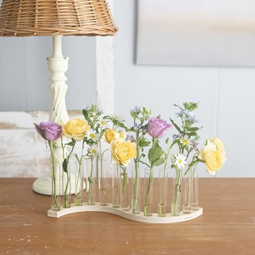 Test Tube Vases for Flowers，Small Plant Propagation Station，S Shape Plant Terrarium with Wooden Stand(Light Wood) - color: Light Wood